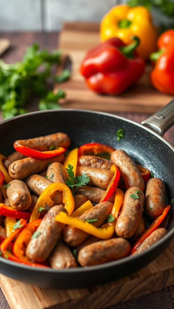 A delicious skillet of Italian sausage and peppers, garnished with parsley, in a rustic kitchen.